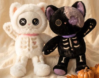 Skeleton Cat Plush Toy, Creepy Cute Halloween Cat Stuffed Animal, Gothic Kawaii Plush Gift, Black or White Skelly Cat