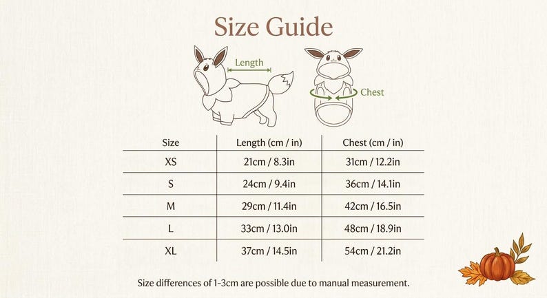 May include: A size guide chart for pet clothing featuring a line drawing of a character with pointed ears. The table lists sizes XS through XL with corresponding length and chest measurements in both centimeters and inches. A small pumpkin illustration is at the bottom right.