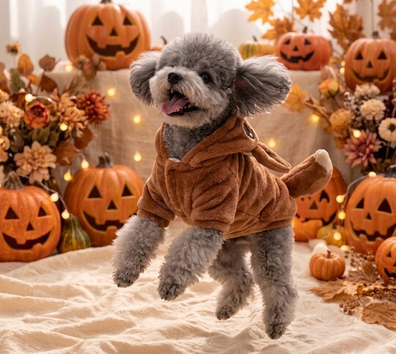 May include: A small gray poodle dog wearing a brown plush hooded sweatshirt with long ears and a tail. The dog is captured in mid-air with its mouth open, showcasing the soft, fuzzy texture of the brown garment against a festive autumn backdrop.