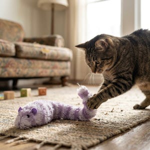 May include: A light purple, plush, long-bodied toy shaped like a rodent with small ears and a textured, fuzzy surface. The toy features a long, curved tail and is being touched by the paw of a brown tabby cat on a woven rug.