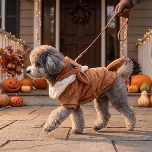 May include: A small gray dog wearing a brown and white plush animal costume with a hood and ears. The dog is attached to a thin brown leather leash. The costume features soft, fuzzy fabric and covers the back and chest of the dog.
