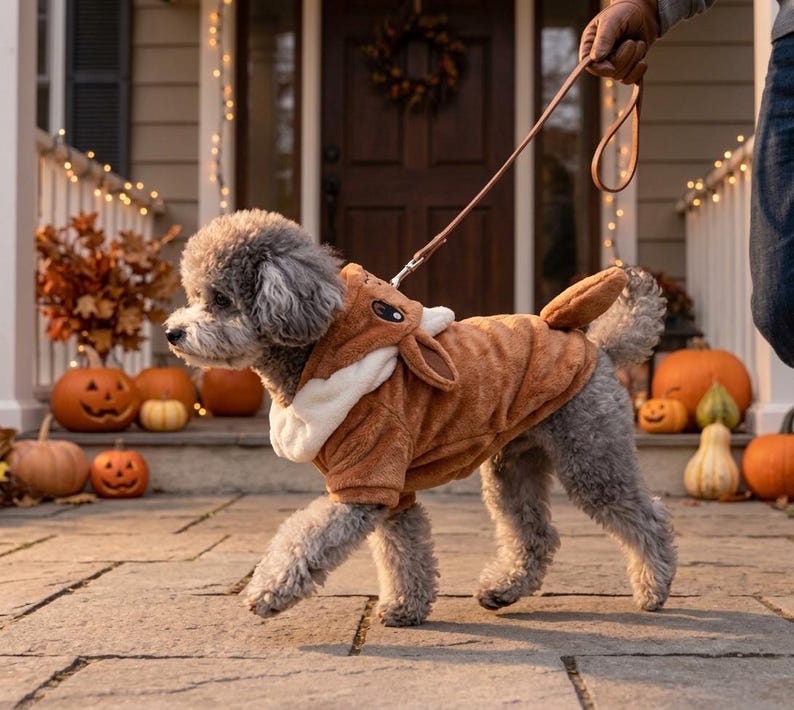May include: A small gray dog wearing a brown and white plush animal costume with a hood and ears. The dog is attached to a thin brown leather leash. The costume features soft, fuzzy fabric and covers the back and chest of the dog.