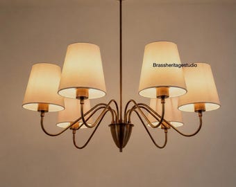 Handmade Brass Chandelier, 8 Light White Shade, Mid Century Ceiling Pendant Lamp
