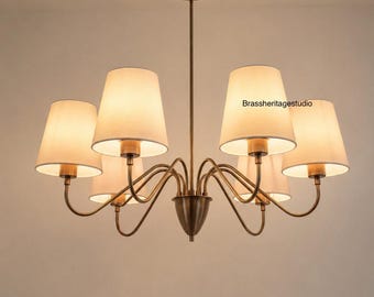 Modern Brass Chandelier Lighting Fixture, 8 Light White Shade Chandelier, Mid Century Ceiling Light, Luxury Dining Room Pendant Lamp
