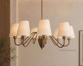 Handmade Brass Chandelier, 8 Light White Shade, Mid Century Ceiling Pendant Lamp
