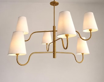 Modern Brass Chandelier 6 Light White Shade Ceiling Light Mid Century Modern Lighting Dining Room Chandelier Fixture