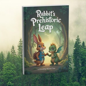 Peut inclure: Un livre pour enfants intitulé "Rabbit's Prehistoric Leap" présente un lapin de dessin animé et un dragon vert se tenant la main. La couverture montre une scène de forêt avec le texte "A Friendship Beyond Time". Le livre a une bordure blanche.