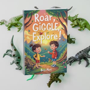 Peut inclure: Un livre pour enfants intitulé "Roar, Giggle, Explore !" présente des illustrations de deux enfants sur un chemin avec des dinosaures. La couverture présente une scène de coucher de soleil vibrante avec des arbres, des montagnes et des papillons. Des figurines de dinosaures jouets entourent le livre.