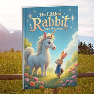 Peut inclure: Un livre pour enfants intitulé "The Littlest Rabbit and the Land of Unicorns" présente une illustration fantaisiste. Une licorne blanche avec une corne dorée se tient à côté d'un lapin portant une veste bleue. La couverture est placée sur un fond de prairie ensoleillée.