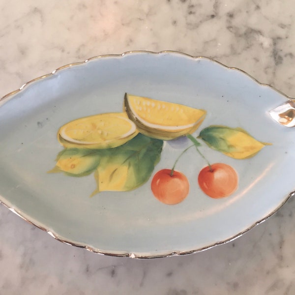 Vintage 1950s Leaf-shaped Porcelain Dish Hand Painted in Japan