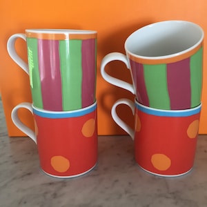Vintage Set of 4 Large Espresso/Small Coffee or Tea Cups Polka Dots and Stripes