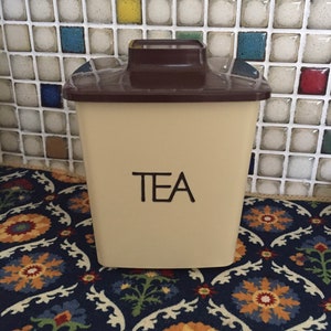 Vintage Plastic Kitchen Container “TEA” with Knobbed Lid
