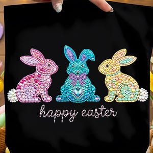 Rhinestone Happy Easter Bunny PNG, Sparkle Bling Crystal Mosaic Bunny, Diamond Jewel Easter Shirt Design, Glam Easter Sublimation PNG