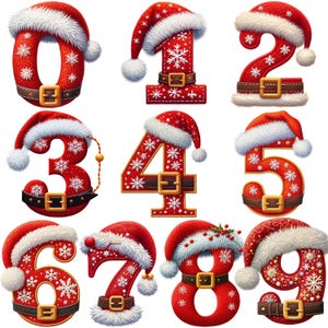 以下が含まれることがあります： 赤色のクリスマス数字、0から9まで。各数字はサンタ帽、白い雪の結晶、金色のバックルが付いた茶色のベルトで飾られています。クリスマスの飾り付けに最適です。