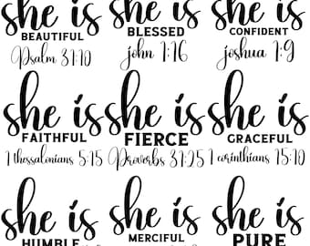 Hon är ordspråks SVG PNG | Flickig kristen bibelversdesign | Hon är stark tro SVG | Jesus citat skjortdesign | dxf eps | Digital