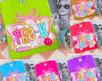 Coquette Back to School PNG Bundle, Pencil Apple Bow Designs, Pre-K to 6th Grade First Day of School Shirt Graphics, Digital Download