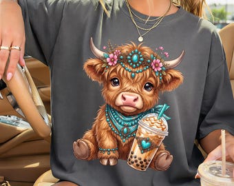 Highland Cow Coffee Lover PNG, Cute Baby Cowgirl with Iced Coffee Sublimation Design, Western Coffee Shirt Graphic, Digital Download