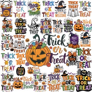 Puede incluir: Una colección de diseños con temática de Halloween con la frase "Trick or Treat". Los diseños incluyen calabazas, sombreros de bruja, fantasmas, arañas y caramelos. La paleta de colores incluye naranja, negro, morado y verde, ideal para manualidades y decoraciones de temporada.