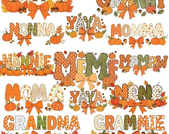 Può includere: Una collezione di design a tema autunnale con parole come "Nanny", "Granny" e "Grandma". Ogni parola è decorata con zucche, fiocchi, foglie e ghiande nei toni dell'arancione, marrone e verde.