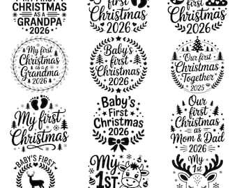 Può includere: Una collezione di disegni natalizi in bianco e nero. I disegni includono testo come "My First Christmas" e "Baby's First Christmas" con l'anno 2026. Alcuni disegni presentano elementi festivi come impronte, alberi e renne.