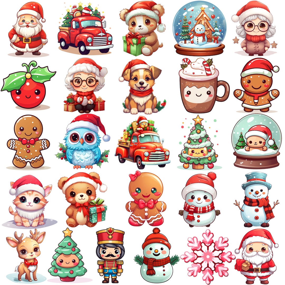 Merry Christmas Clipart Bundle, Kawaii Christmas PNG, Cute Holiday PNG ...