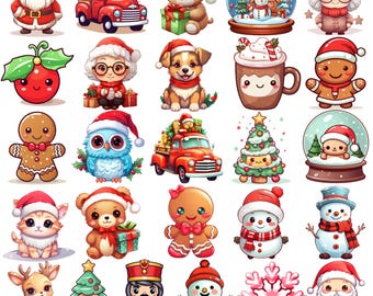 Merry Christmas Clipart Bundle, Kawaii Christmas PNG, Cute Holiday PNG, Santa Reindeer Snowman Stickers, Merry Kawaii Christmas Clipart
