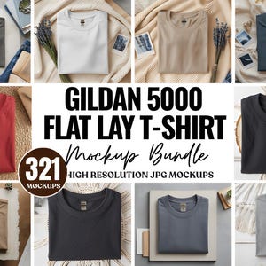 Peut inclure: Plusieurs maquettes de t-shirts Gildan 5000 à plat, de couleurs variées : gris, blanc, beige, sarcelle, rouge, noir et beige. L'image contient le texte "Gildan 5000 Flat Lay T-Shirt Mockup Bundle" et "321 Mockups".