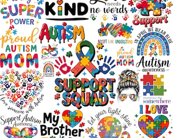 Può includere: Un colorato collage di grafica e testo relativi alla consapevolezza dell'autismo. Il design include pezzi di puzzle, nastri, cuori e frasi come "Sostieni l'autismo" e "Sii gentile".