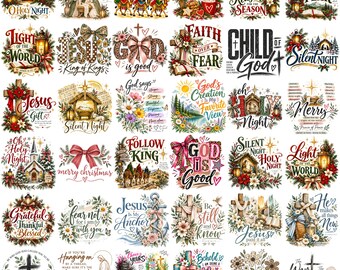 Può includere: Una collezione di trentacinque disegni grafici individuali con illustrazioni a tema cristiano, tra cui scene della natività, croci, composizioni floreali e testi religiosi come 'Silent Night', 'God is Good' e 'Jesus is My Anchor'.