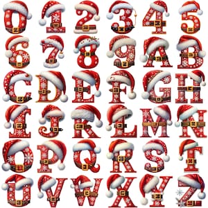 Könnte beinhalten: Rote Buchstaben und Zahlen des Alphabets im Weihnachtsthema, jeweils mit Weihnachtsmütze und Gürtel. Die Buchstaben und Zahlen sind mit weißen Schneeflocken verziert. Die Zahlen sind von 0 bis 9.