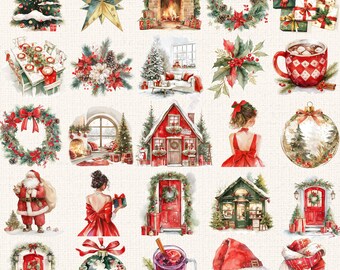 Watercolor Christmas Clipart Bundle,Christmas PNG Set, Cozy Christmas Clipart, Holiday Ornaments Clipart,Winter Watercolor PNG, Xmas Clipart