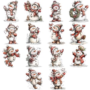 May include: A collection of watercolor-style illustrations of snowmen in various poses. Each snowman wears a hat, scarf, and mittens in red and white. Some snowmen hold gifts, candy canes, or are decorated with lights, creating a festive winter theme.