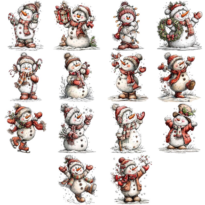 May include: A collection of watercolor-style illustrations of snowmen in various poses. Each snowman wears a hat, scarf, and mittens in red and white. Some snowmen hold gifts, candy canes, or are decorated with lights, creating a festive winter theme.