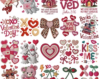Valentine PNG Bundle | Faux Yarn Crochet Valentine | Coquette Preppy Teddy Bear & Highland Cow | Be Mine Love XOXO Hearts | Digital Download