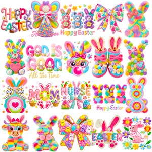 May include: A collection of colorful Easter-themed decorations and text. The image includes various bunny figures, bows, and the phrases "Happy Easter," "God is Good," "Mom," and "Nurse." The decorations feature bright colors and playful designs.