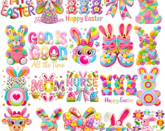 Può includere: Una collezione di decorazioni e testi colorati a tema Pasqua. L'immagine include varie figure di coniglietti, fiocchi e le frasi "Happy Easter", "God is Good", "Mom" e "Nurse". Le decorazioni presentano colori vivaci e design giocosi.