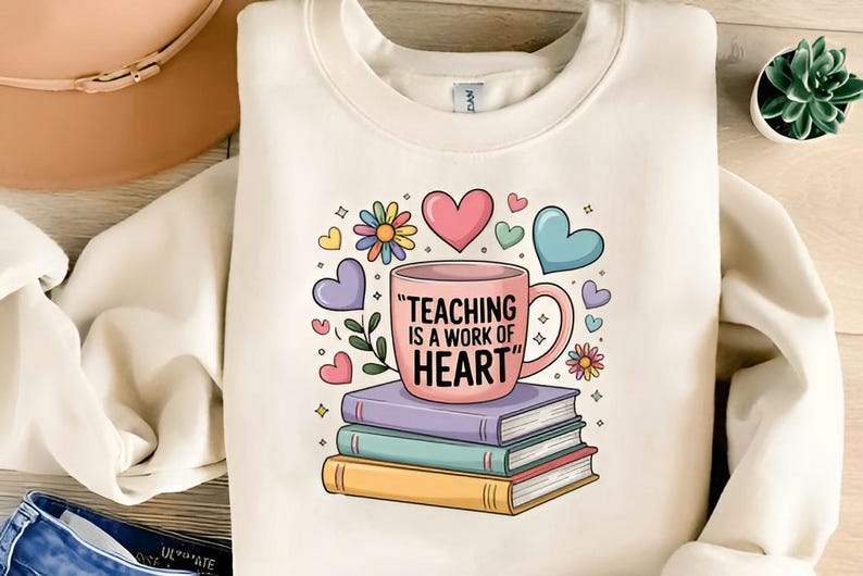 May include: Cream-colored sweatshirt featuring a colorful graphic. The graphic includes a pink mug with the text "TEACHING IS A WORK OF HEART" atop a stack of books, surrounded by hearts and flowers. A hat and a small plant are visible.