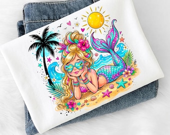 Preppy Mermaid PNG, Beach Girl Summer Sublimation Design, Cute Coastal Mermaid Shirt Graphic, Trendy Ocean PNG, Digital Download