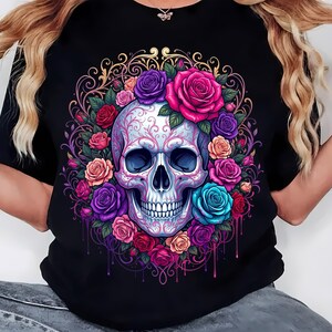 Floral Skull Sublimation PNG, Boho Skull Clipart, Gothic Flower Skull Design, Dark Floral PNG, Tattoo Style Digital Download image 8
