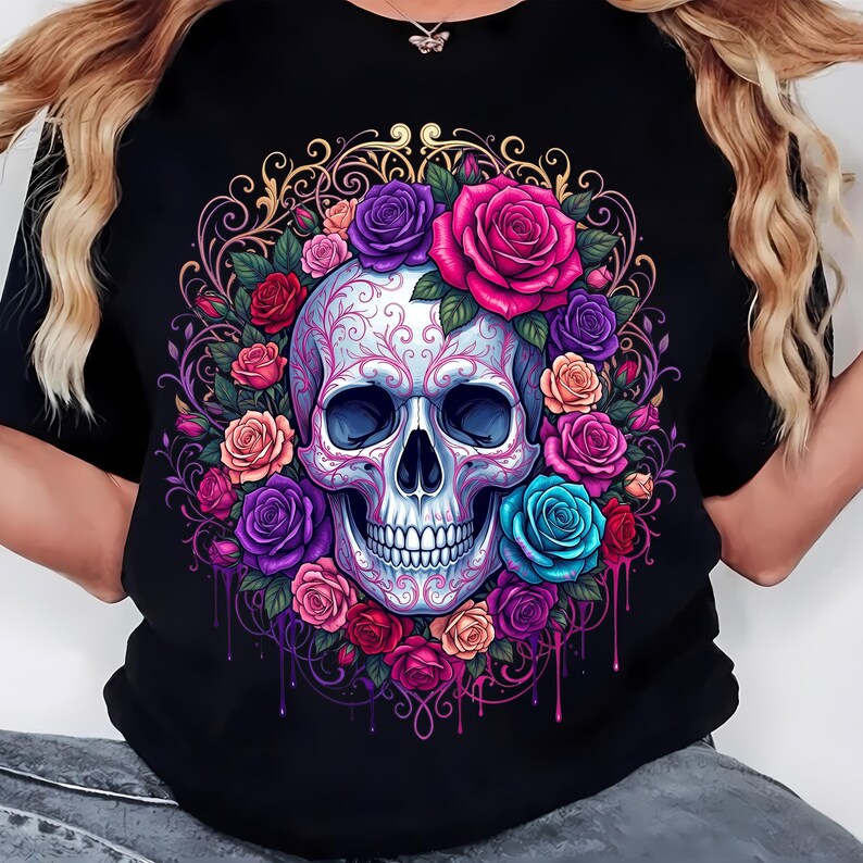 Floral Skull Sublimation PNG, Boho Skull Clipart, Gothic Flower Skull Design, Dark Floral PNG, Tattoo Style Digital Download image 8
