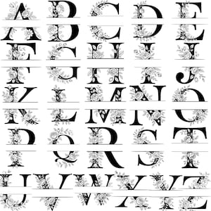 Pode incluir: Letras do alfabeto floral em preto e branco de A a Z. Cada letra é dividida horizontalmente e decorada com rosas e folhas. As letras estão em uma fonte serif.