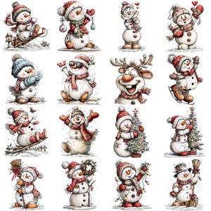 May include: A collection of whimsical snowman illustrations. Each snowman is uniquely designed, wearing hats, scarves, and holding various winter-themed items like sleds, ice skates, and Christmas trees. The snowmen are depicted in a cartoon style with a watercolor effect.