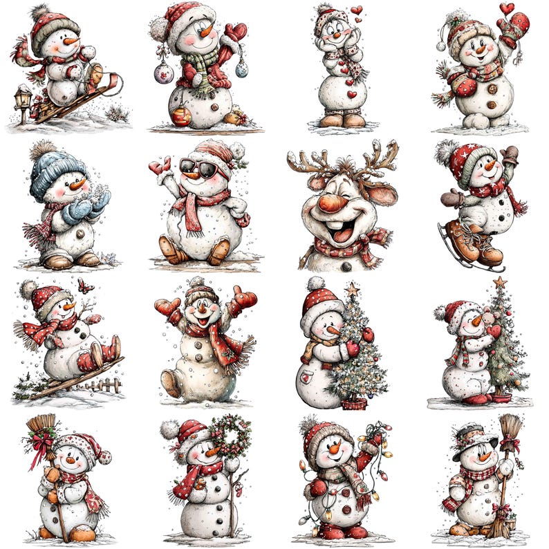 May include: A collection of whimsical snowman illustrations. Each snowman is uniquely designed, wearing hats, scarves, and holding various winter-themed items like sleds, ice skates, and Christmas trees. The snowmen are depicted in a cartoon style with a watercolor effect.