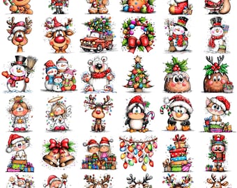 Christmas Characters Clipart PNG | Cute Holiday Illustrations | Santa Claus, Reindeer, Gingerbread, Snowmen & Penguins | Christmas Craft PNG