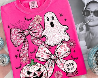 Pink Coquette Ghost PNG, Trick or Treat Design, Preppy Halloween Bow, Floral Ghost & Pumpkin Shirt, Cute Spooky Season Digital Download