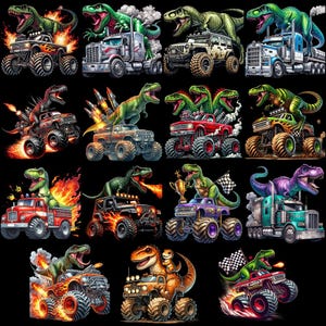 May include: A collection of colorful monster trucks and semi-trucks, each featuring a different dinosaur character. The trucks are depicted in various action poses, with flames, smoke, and checkered flags, set against a black background.
