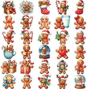 May include: A collection of watercolor illustrations featuring gingerbread people in various festive poses. Some gingerbread figures wear Santa hats, hold candy canes, or are inside snow globes. Other gingerbread figures are in gift boxes or stockings.