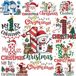 以下が含まれることがあります： 「My 1st Christmas」のテキストが入ったクリスマスをテーマにしたデザインのコレクション。雪だるま、サンタクロース、トナカイ、オーナメント、ギフト、キャンディケーンなどのお祝いの要素が含まれています。「1」の数字が様々なスタイルで大きく表示されています。