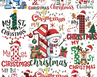 Può includere: Una collezione di design a tema natalizio con la scritta "My 1st Christmas". I design includono un pupazzo di neve, Babbo Natale, renne ed elementi festivi come ornamenti e regali. Il numero "1" è ben visibile in vari stili.