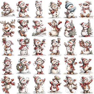 May include: A collection of watercolor illustrations of snowmen in various poses. Each snowman is wearing a hat, scarf, and often holding festive items like a Christmas tree, gifts, or a broom. The snowmen are primarily white with red and brown accents.